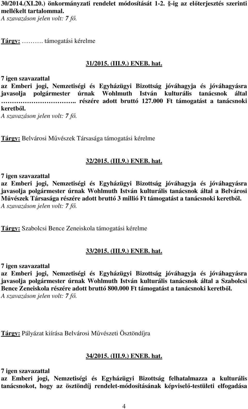 Tárgy: Belvárosi Művészek Társasága támogatási kérelme 32/2015. (III.9.) ENEB. hat.