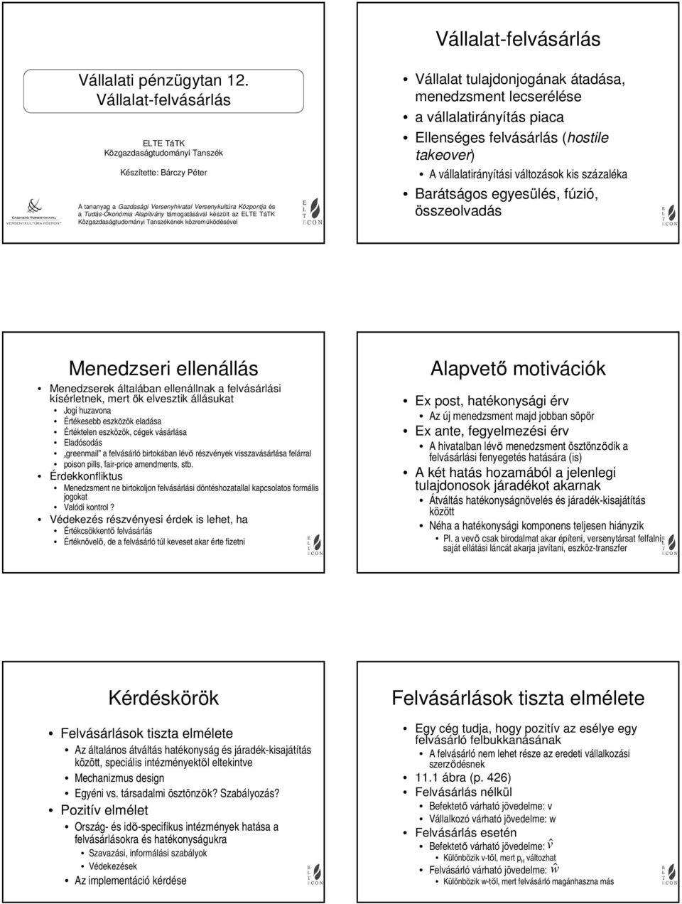 az ELTE TáTK Közgazdaságtudoányi Tanszékének közreűködésével Vállalat tulajdonjogának átadása, enedzsent lecserélése a vállalatirányítás piaca Ellenséges felvásárlás (hostile takeover) A