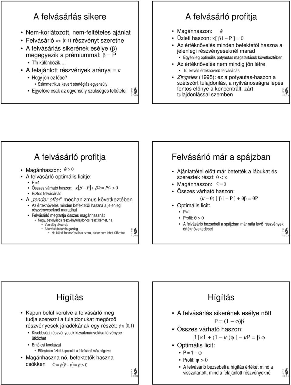 Szietrikus kevert stratégiás egyensúly Egyelőre csak az egyensúly szükséges feltételei A felvásárló profitja Magánhaszon: ŵ Üzleti haszon: κ[ β1 P ] 0 Az értéknövelés inden befektetői haszna a