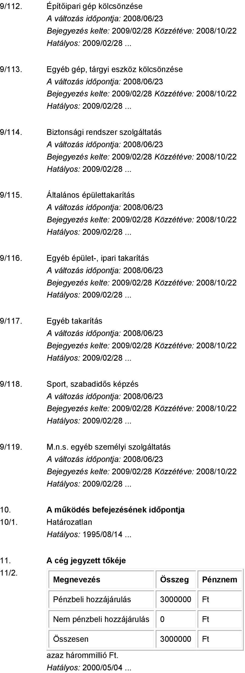 A működés befejezésének időpontja 10/1. Határozatlan Hatályos: 1995/08/14... 11. A cég jegyzett tőkéje 11/2.