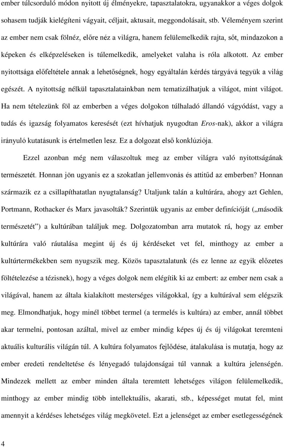 Az ember nyitottsága előfeltétele annak a lehetőségnek, hogy egyáltalán kérdés tárgyává tegyük a világ egészét. A nyitottság nélkül tapasztalatainkban nem tematizálhatjuk a világot, mint világot.