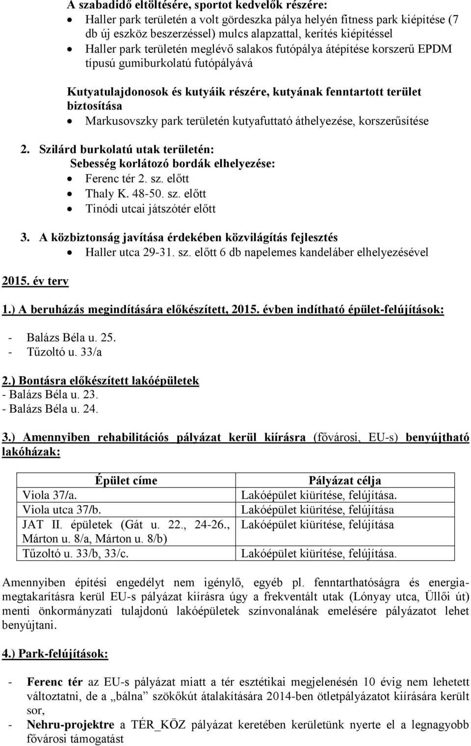 park területén kutyafuttató áthelyezése, korszerűsítése 2. Szilárd burkolatú utak területén: Sebesség korlátozó bordák elhelyezése: Ferenc tér 2. sz. előtt Thaly K. 48-50. sz. előtt Tinódi utcai játszótér előtt 3.