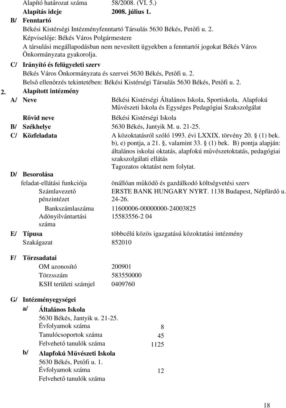 Képviselője: Békés Város Polgármestere A társulási megállapodásban nem nevesített ügyekben a fenntartói jogokat Békés Város Önkormányzata gyakorolja.