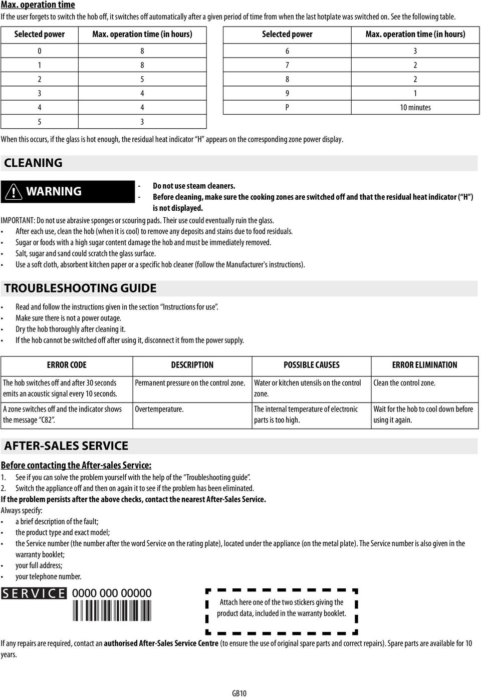 indicator H appears on the corresponding zone power display CLEANING - Do not use steam cleaners WARNING - Before cleaning, make sure the cooking zones are switched off and that the residual heat