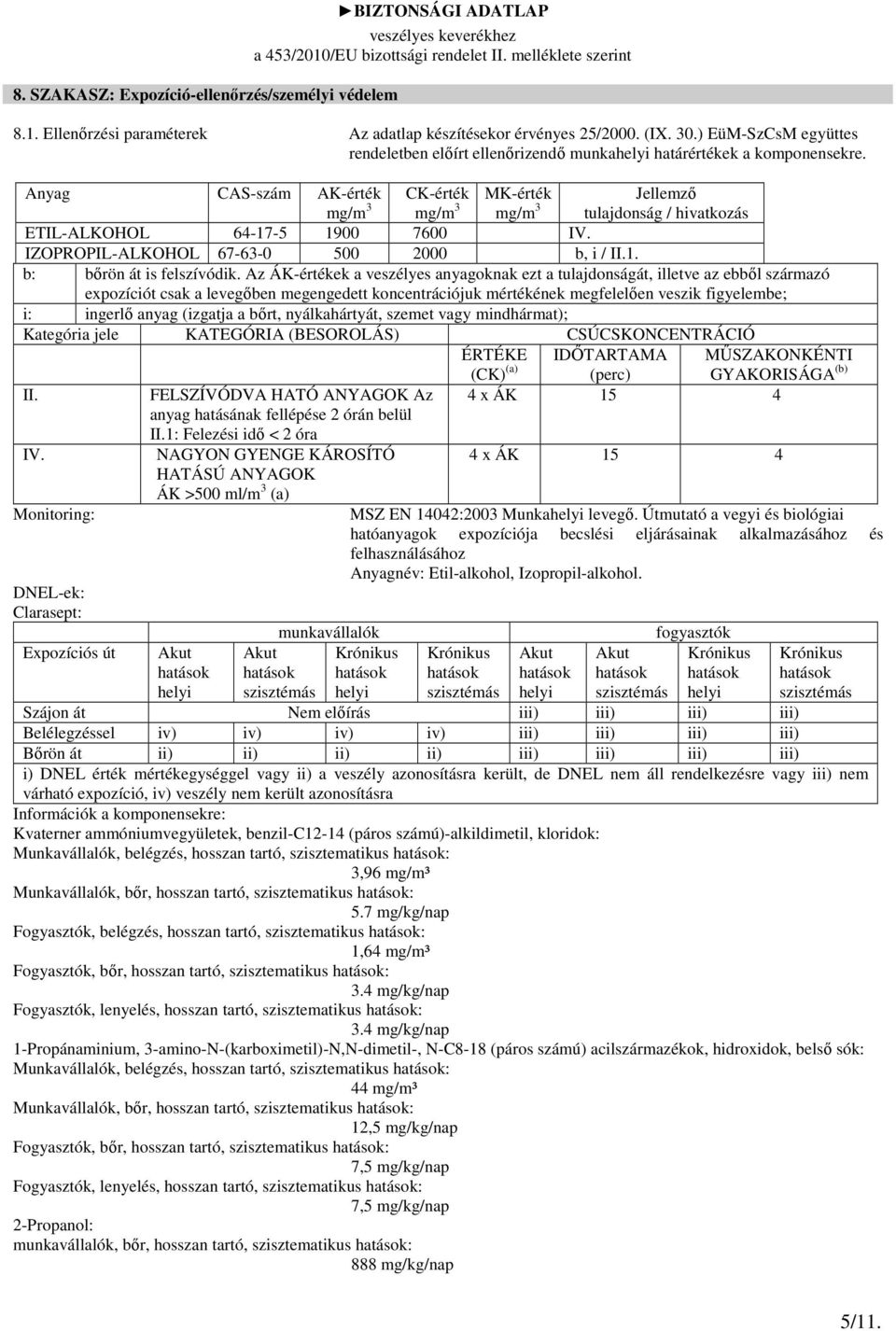 Anyag CAS-szám AK-érték mg/m 3 CK-érték mg/m 3 MK-érték mg/m 3 Jellemző tulajdonság / hivatkozás ETIL-ALKOHOL 64-17-5 1900 7600 IV. IZOPROPIL-ALKOHOL 67-63-0 500 2000 b, i / II.1. b: bőrön át is felszívódik.