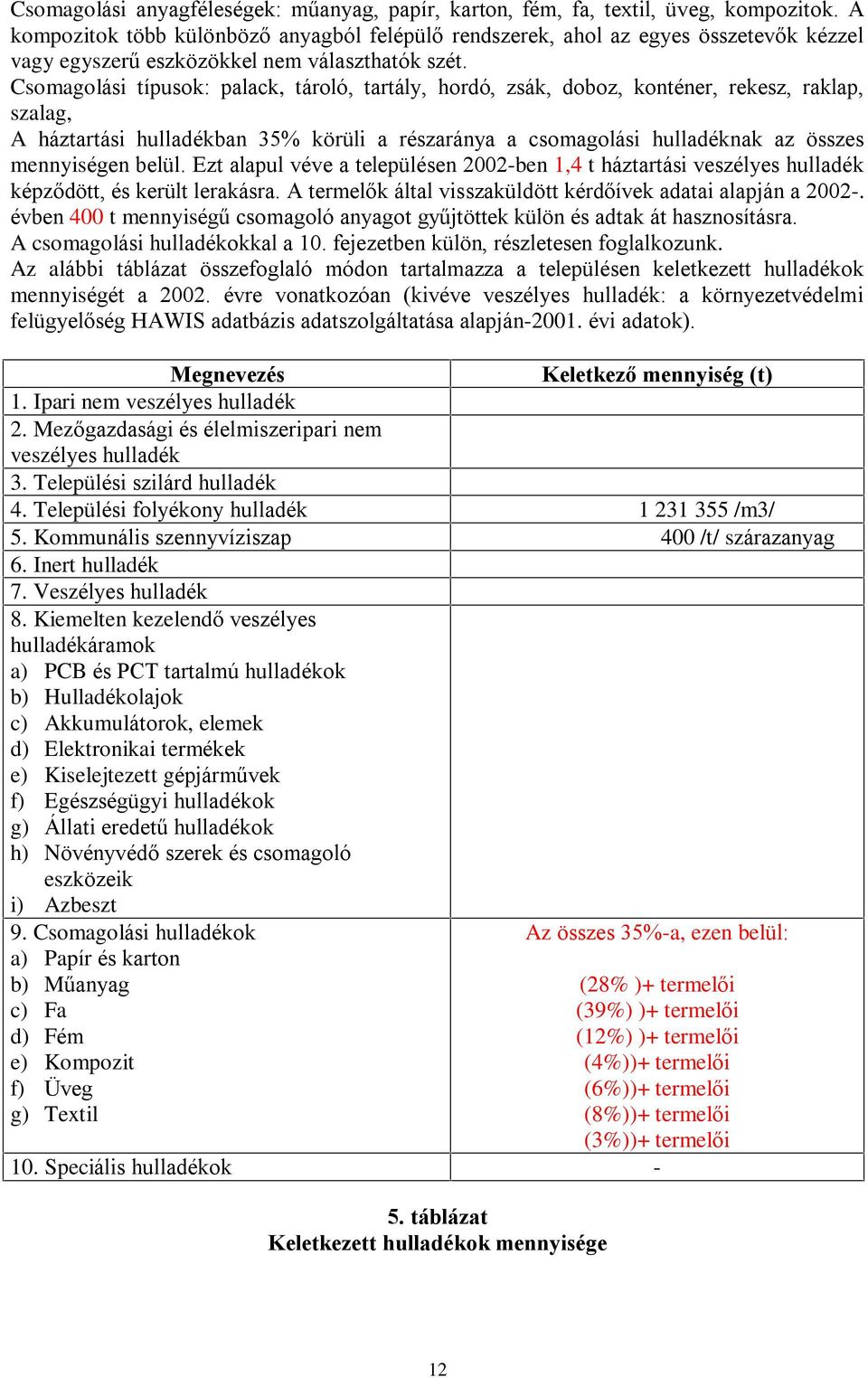 Csomagolási típusok: palack, tároló, tartály, hordó, zsák, doboz, konténer, rekesz, raklap, szalag, A háztartási hulladékban 35% körüli a részaránya a csomagolási hulladéknak az összes mennyiségen