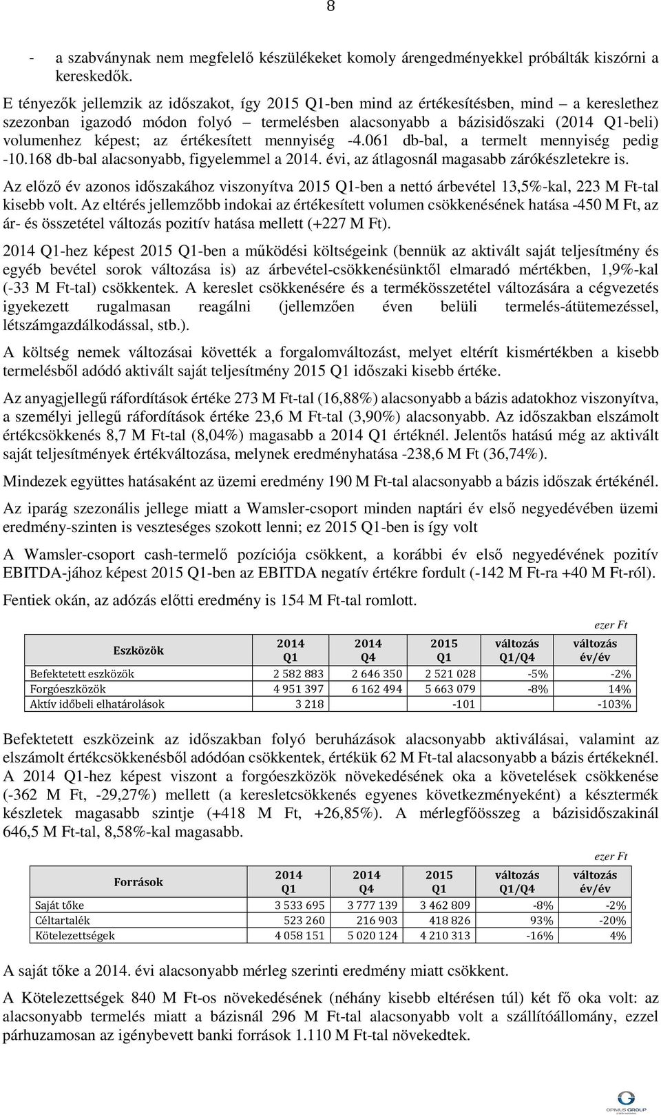 értékesített mennyiség -4.061 db-bal, a termelt mennyiség pedig -10.168 db-bal alacsonyabb, figyelemmel a. évi, az átlagosnál magasabb zárókészletekre is.