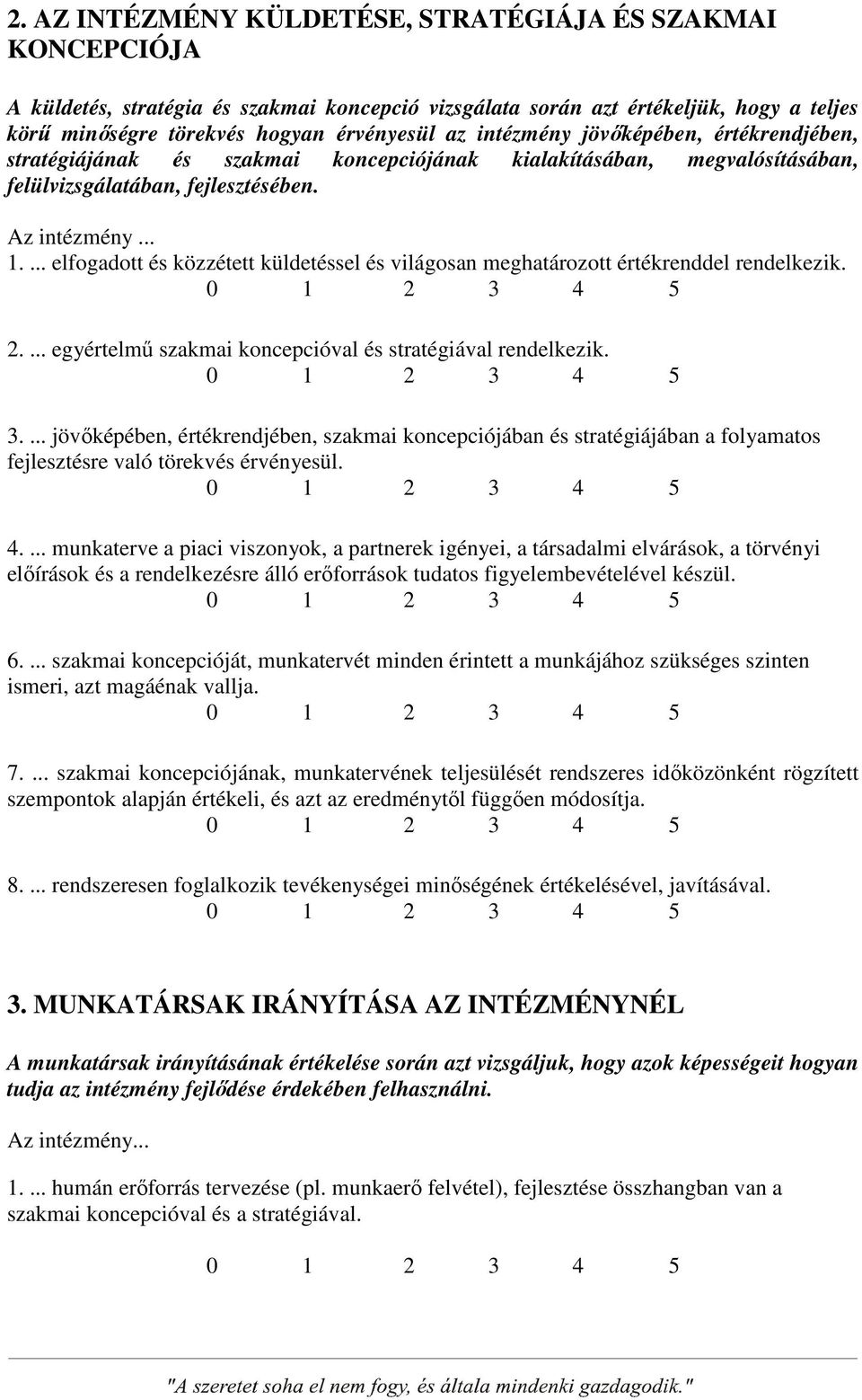 ... elfogadott és közzétett küldetéssel és világosan meghatározott értékrenddel rendelkezik. 2.... egyértelmű szakmai koncepcióval és stratégiával rendelkezik. 3.