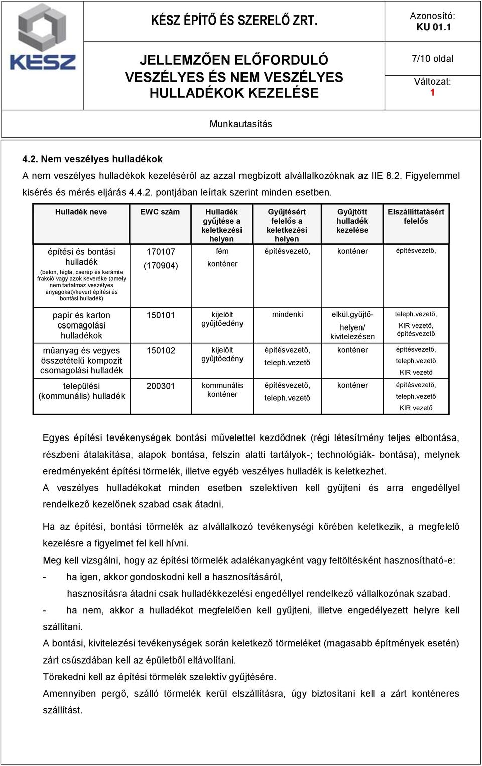 KÉSZ ÉPÍTŐ ÉS SZERELŐ ZRT. JELLEMZŐEN ELŐFORDULÓ VESZÉLYES ÉS NEM VESZÉLYES  HULLADÉKOK KEZELÉSE - PDF Free Download