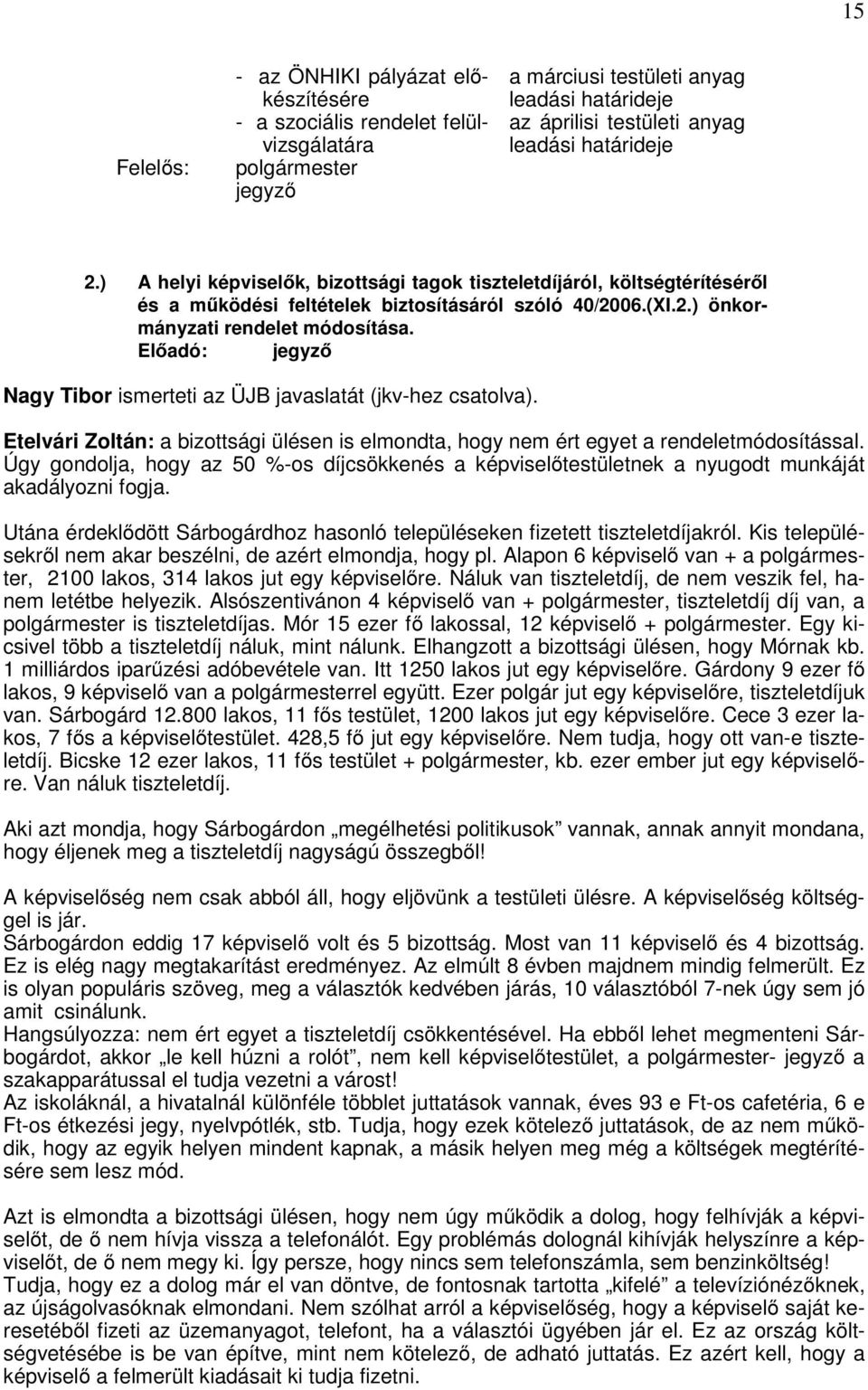 Előadó: jegyző Nagy Tibor ismerteti az ÜJB javaslatát (jkv-hez csatolva). Etelvári Zoltán: a bizottsági ülésen is elmondta, hogy nem ért egyet a rendeletmódosítással.