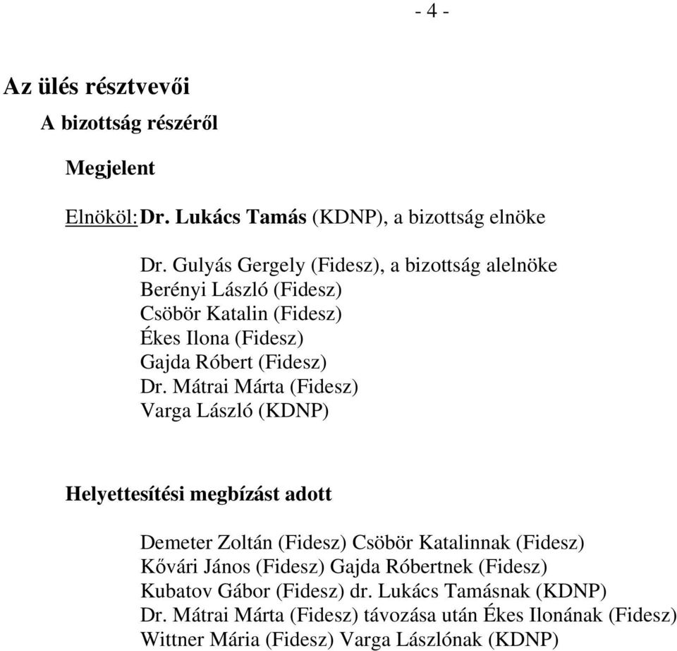 Mátrai Márta (Fidesz) Varga László (KDNP) Helyettesítési megbízást adott Demeter Zoltán (Fidesz) Csöbör Katalinnak (Fidesz) Kővári János (Fidesz)