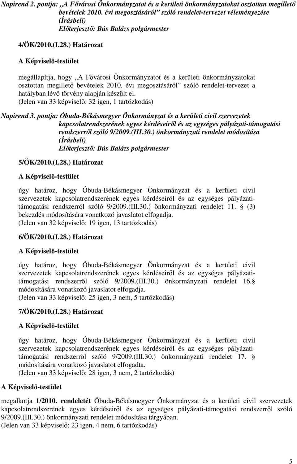 évi megosztásáról szóló rendelet-tervezet a hatályban lévı törvény alapján készült el. (Jelen van 33 képviselı: 32 igen, 1 tartózkodás) Napirend 3.