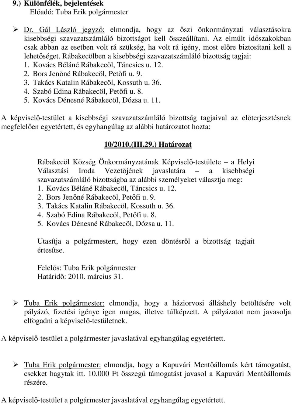 Kovács Béláné Rábakecöl, Táncsics u. 12. 2. Bors Jenıné Rábakecöl, Petıfi u. 9. 3. Takács Katalin Rábakecöl, Kossuth u. 36. 4. Szabó Edina Rábakecöl, Petıfi u. 8. 5. Kovács Dénesné Rábakecöl, Dózsa u.