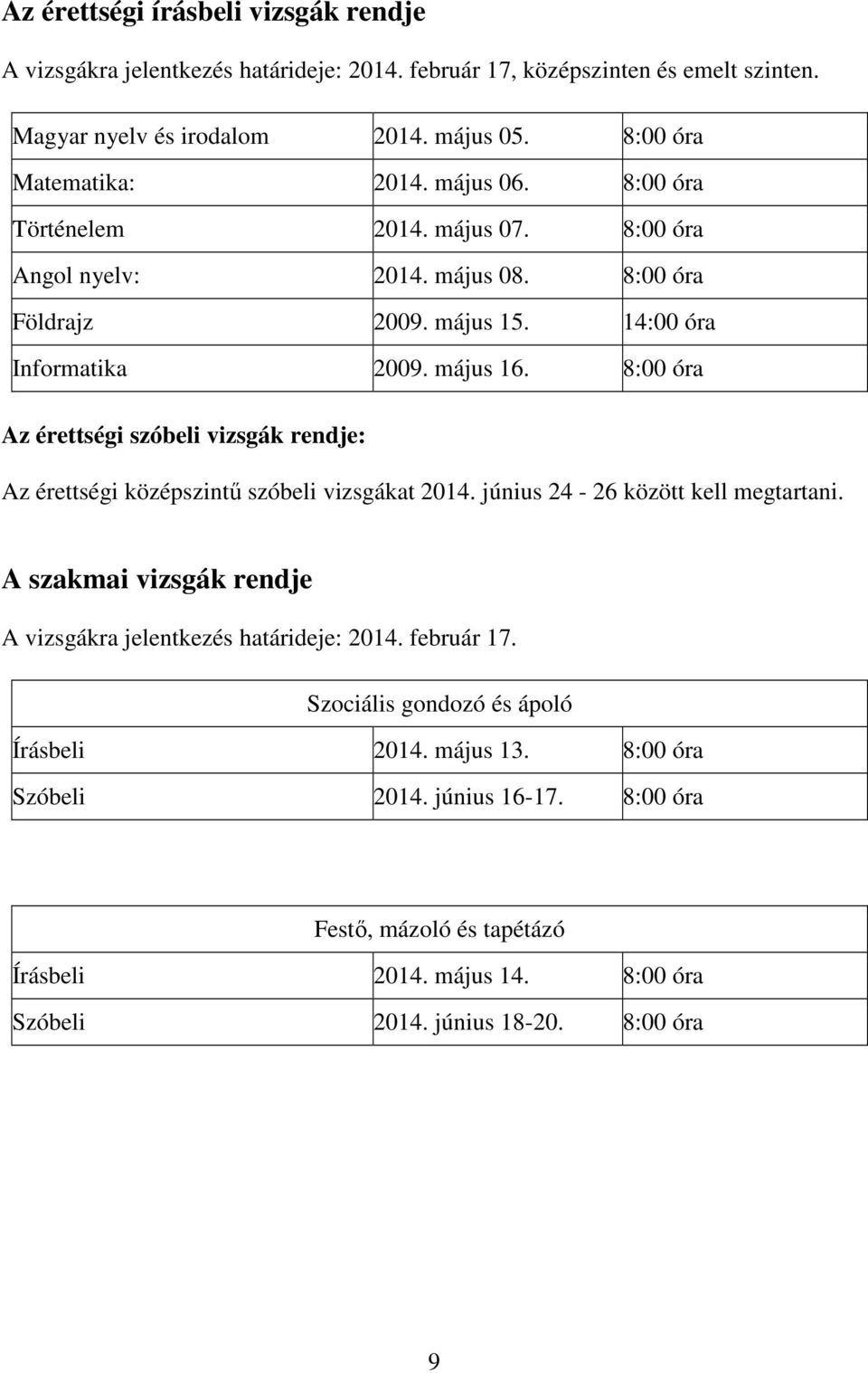 8:00 óra Az érettségi szóbeli vizsgák rendje: Az érettségi középszintű szóbeli vizsgákat 2014. június 24-26 között kell megtartani.