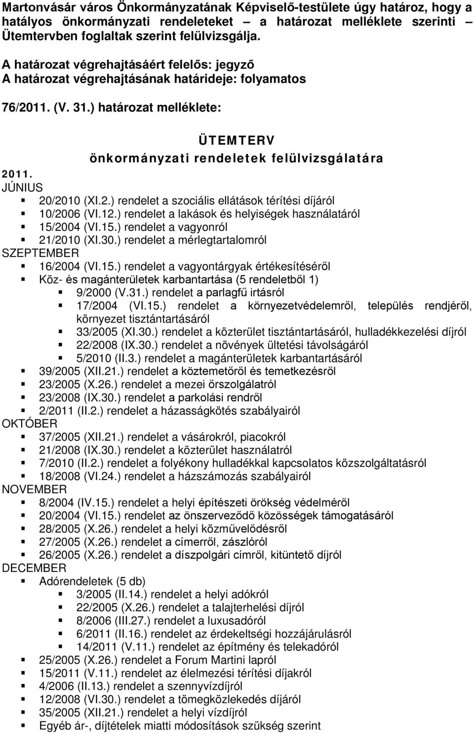 JÚNIUS 20/2010 (XI.2.) rendelet a szociális ellátások térítési díjáról 10/2006 (VI.12.) rendelet a lakások és helyiségek használatáról 15/2004 (VI.15.) rendelet a vagyonról 21/2010 (XI.30.