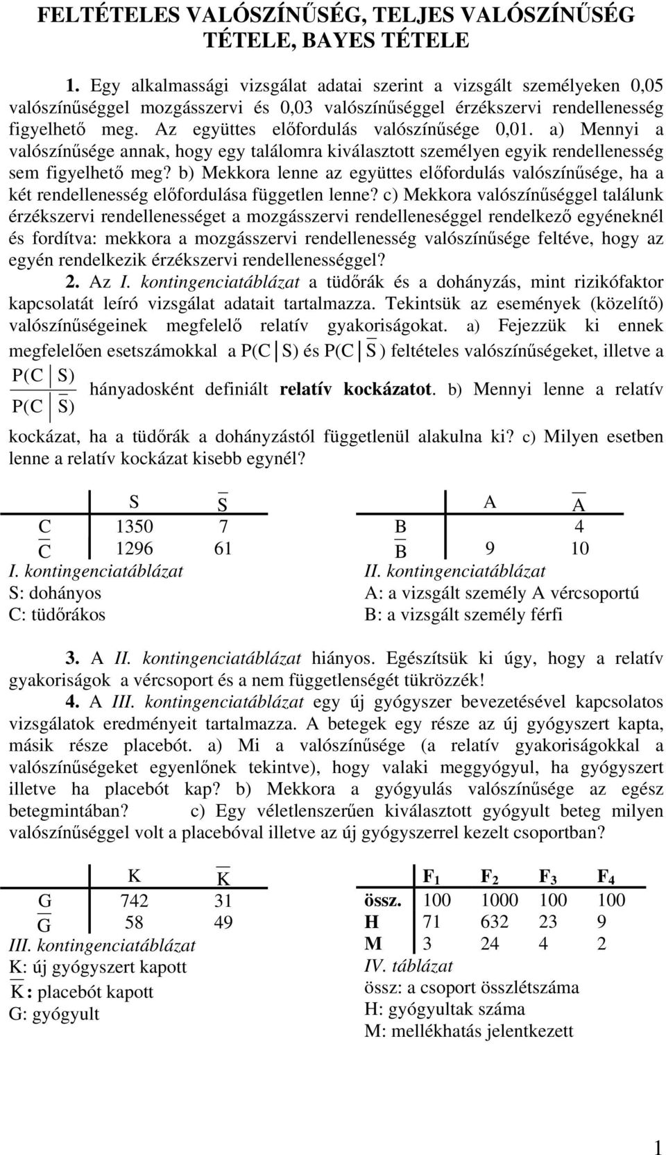 Az együttes előfordulás valószínűsége 0,01. a) Mennyi a valószínűsége annak, hogy egy találomra kiválasztott személyen egyik rendellenesség sem figyelhető meg?