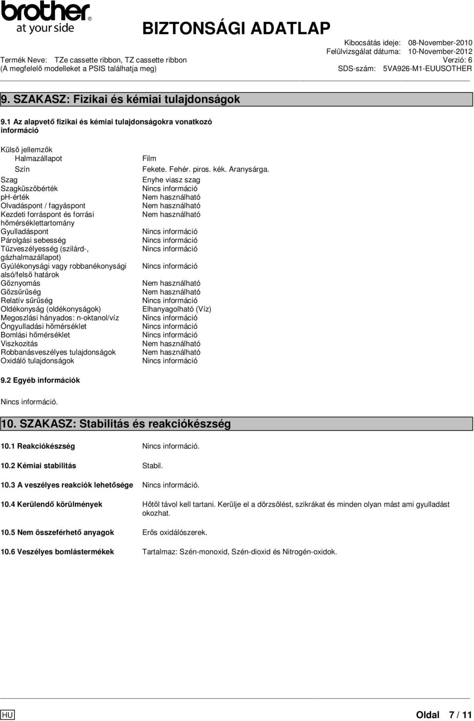 hőmérséklettartomány Gyulladáspont Párolgási sebesség Tűzveszélyesség (szilárd-, gázhalmazállapot) Gyúlékonysági vagy robbanékonysági alsó/felső határok Gőznyomás Gőzsűrűség Relatív sűrűség