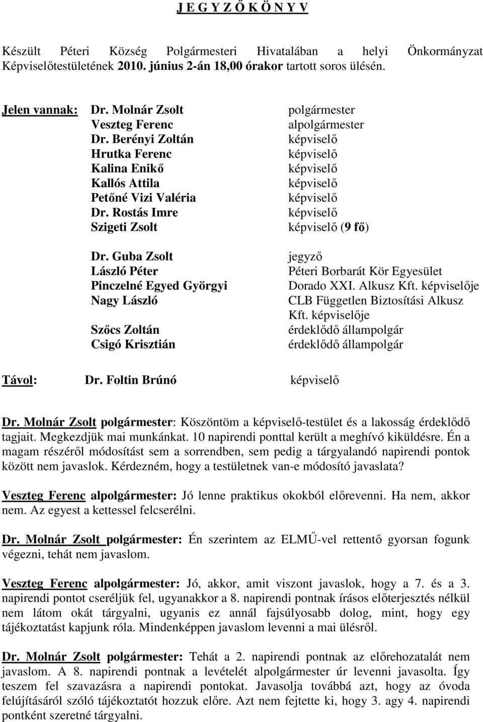 Rostás Imre képviselı Szigeti Zsolt képviselı (9 fı) Dr. Guba Zsolt László Péter Pinczelné Egyed Györgyi Nagy László Szıcs Zoltán Csigó Krisztián jegyzı Péteri Borbarát Kör Egyesület Dorado XXI.