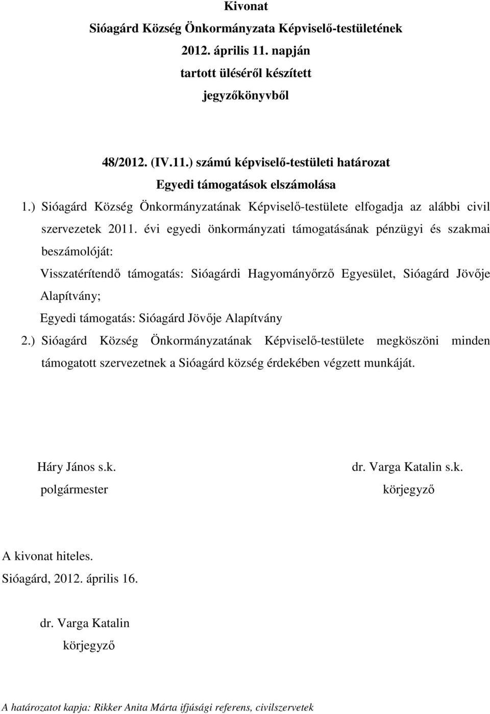 évi egyedi önkormányzati támogatásának pénzügyi és szakmai beszámolóját: Visszatérítendő támogatás: Sióagárdi Hagyományőrző Egyesület, Sióagárd Jövője