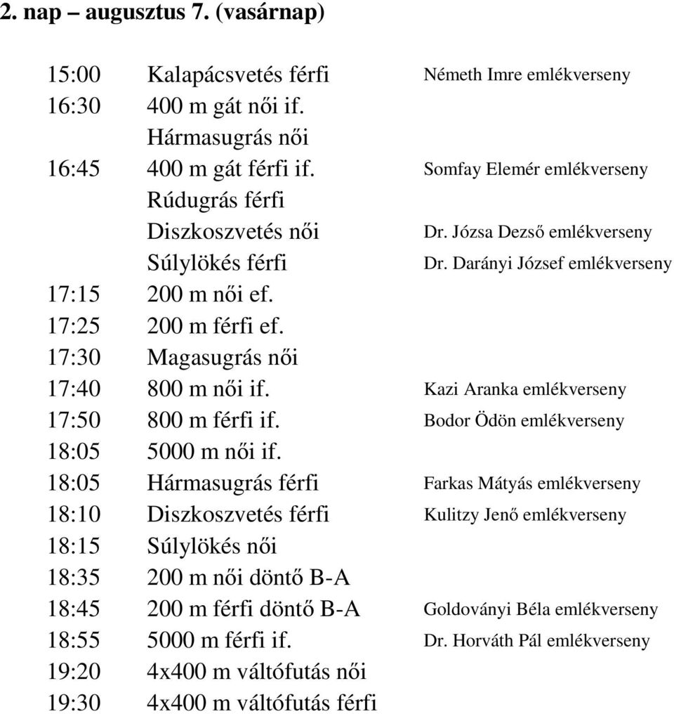 Kazi Aranka emlékverseny 17:50 800 m férfi if. Bodor Ödön emlékverseny 18:05 5000 m női if.