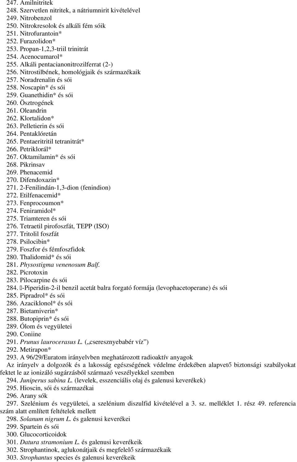 Guanethidin* és sói 260. Ösztrogének 261. Oleandrin 262. Klortalidon* 263. Pelletierin és sói 264. Pentaklóretán 265. Pentaeritritil tetranitrát* 266. Petriklorál* 267. Oktamilamin* és sói 268.