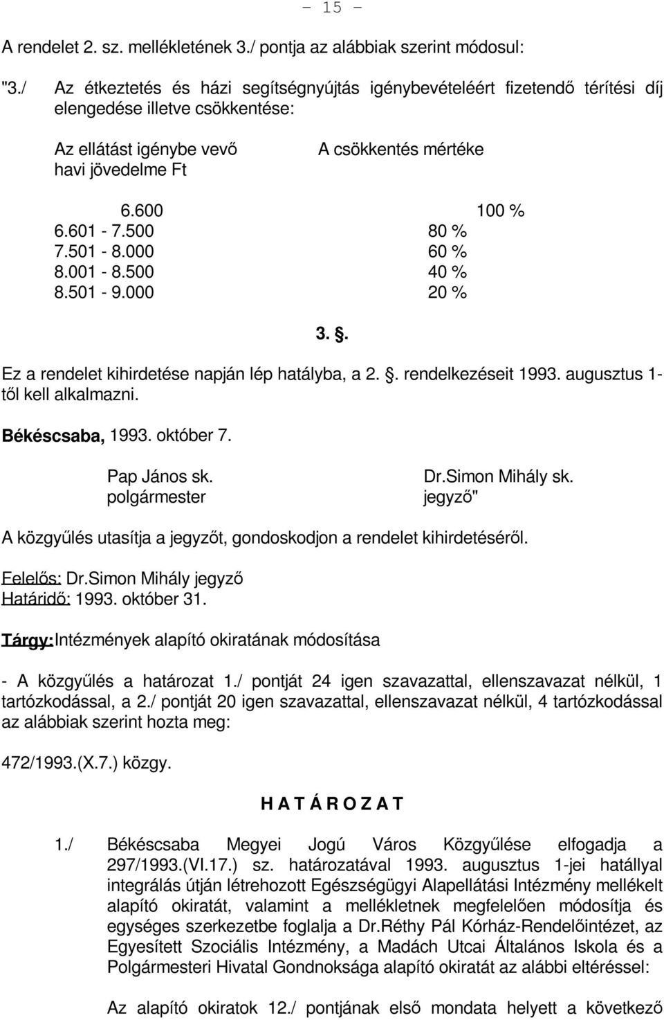 500 80 % 7.501-8.000 60 % 8.001-8.500 40 % 8.501-9.000 20 % 3.. Ez a rendelet kihirdetése napján lép hatályba, a 2.. rendelkezéseit 1993. augusztus 1- től kell alkalmazni. Békéscsaba, 1993. október 7.