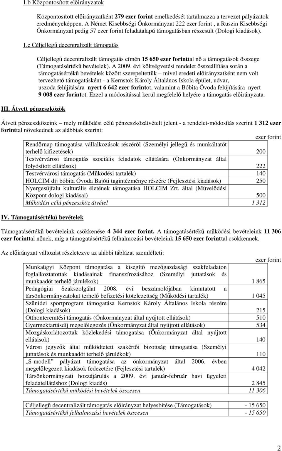 Átvett pénzeszközök Céljellegű decentralizált támogatás címén 15 650 tal nő a támogatások összege (Támogatásértékű bevételek). A 2009.