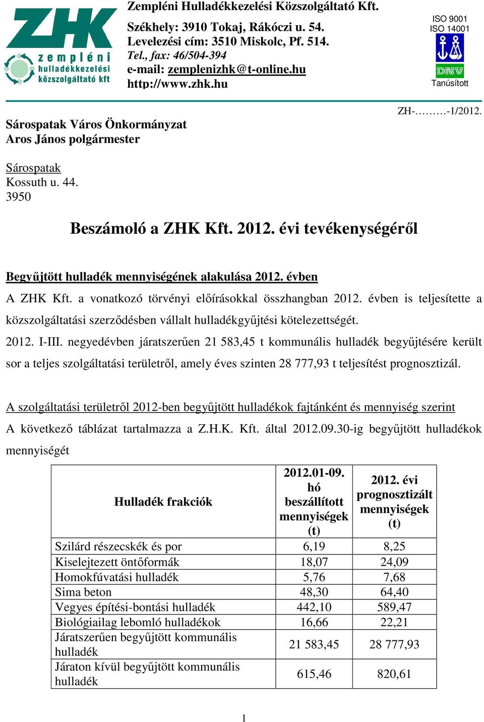 évi tevékenységéről Begyűjtött mennyiségének alakulása évben A ZHK Kft.