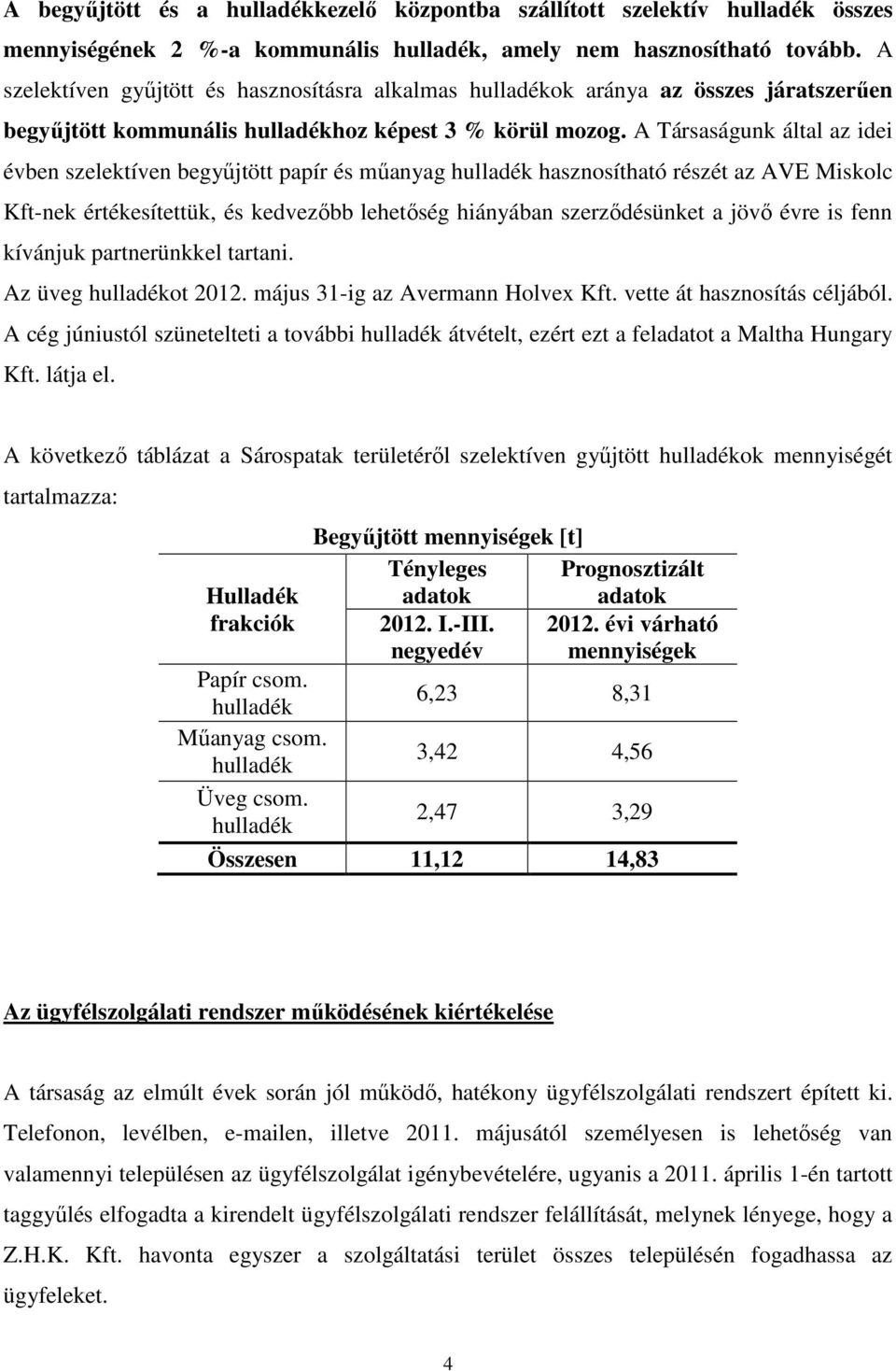 A Társaságunk által az idei évben szelektíven begyűjtött papír és műanyag hasznosítható részét az AVE Miskolc Kft-nek értékesítettük, és kedvezőbb lehetőség hiányában szerződésünket a jövő évre is