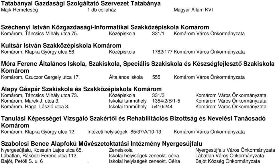 Középiskola 1782/177 Komárom Város Önkormányzata Móra Ferenc Általános Iskola, Szakiskola, Speciális Szakiskola és Készségfejlesztı Szakiskola Komárom Komárom, Czuczor Gergely utca 17.