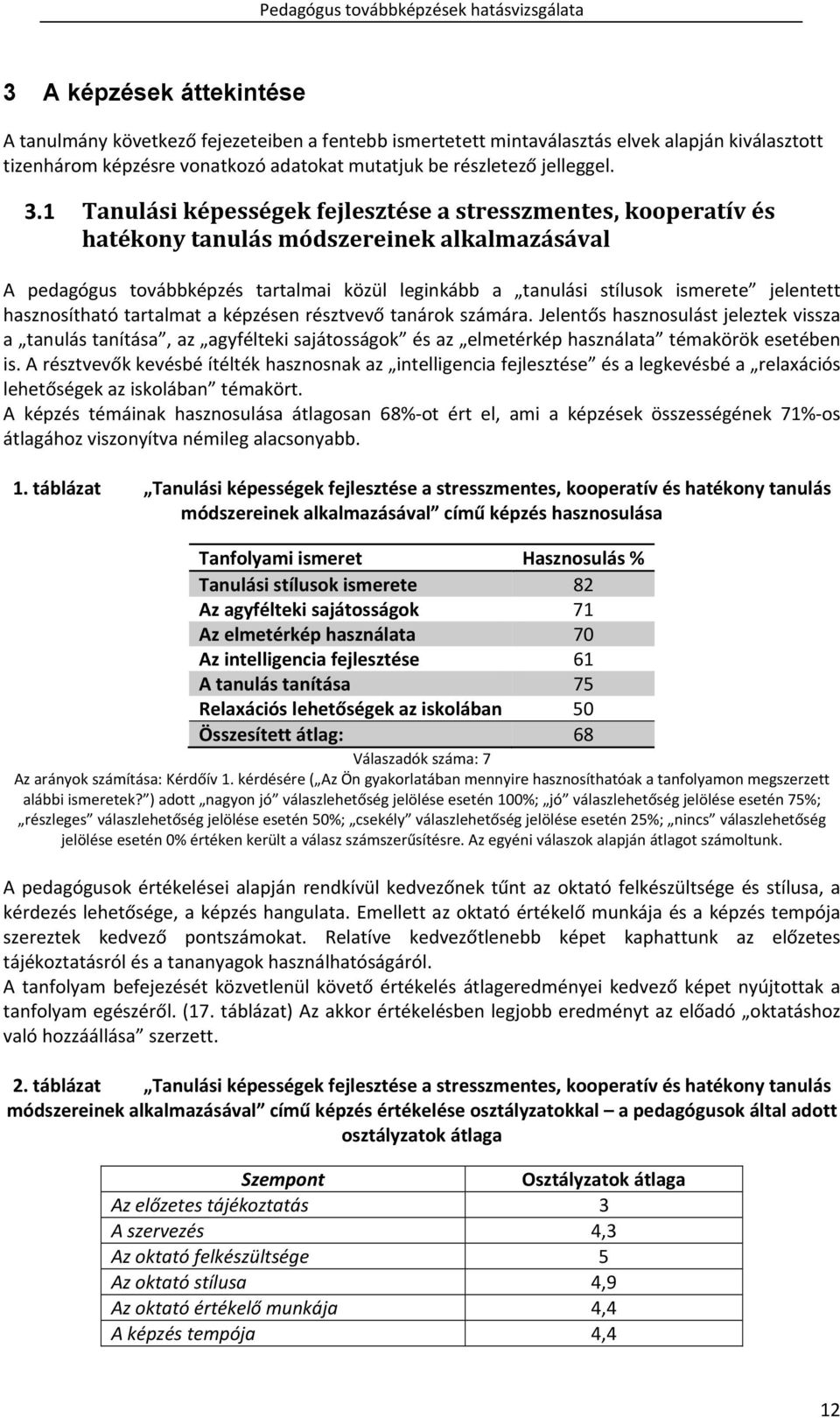 hasznosítható tartalmat a képzésen résztvevő tanárok számára. Jelentős hasznosulást jeleztek vissza a tanulás tanítása, az agyfélteki sajátosságok és az elmetérkép használata témakörök esetében is.