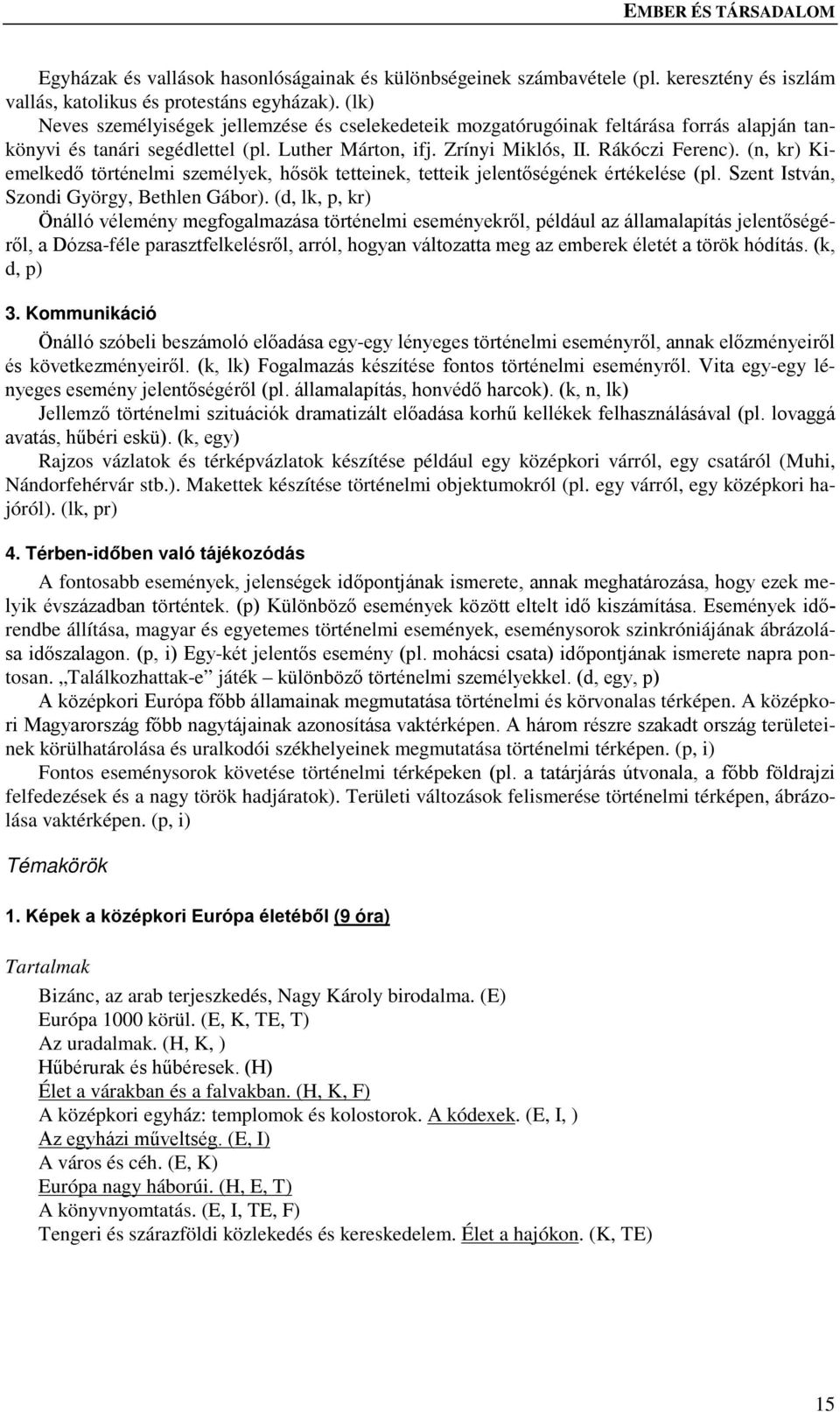 (n, kr) Kiemelkedő történelmi személyek, hősök tetteinek, tetteik jelentőségének értékelése (pl. Szent István, Szondi György, Bethlen Gábor).