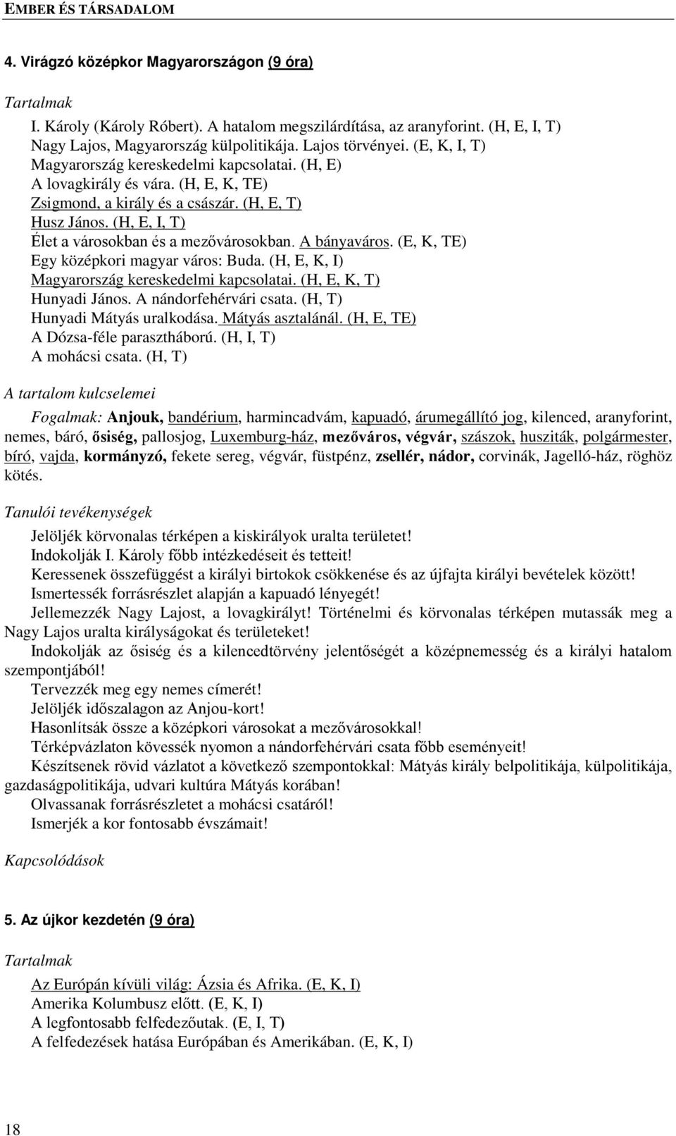 (H, E, I, T) Élet a városokban és a mezővárosokban. A bányaváros. (E, K, TE) Egy középkori magyar város: Buda. (H, E, K, I) Magyarország kereskedelmi kapcsolatai. (H, E, K, T) Hunyadi János.