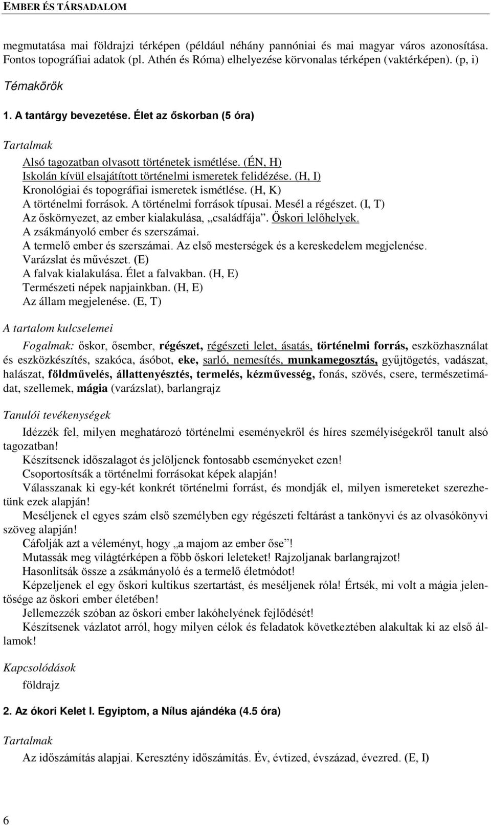 (H, I) Kronológiai és topográfiai ismeretek ismétlése. (H, K) A történelmi források. A történelmi források típusai. Mesél a régészet. (I, T) Az őskörnyezet, az ember kialakulása, családfája.