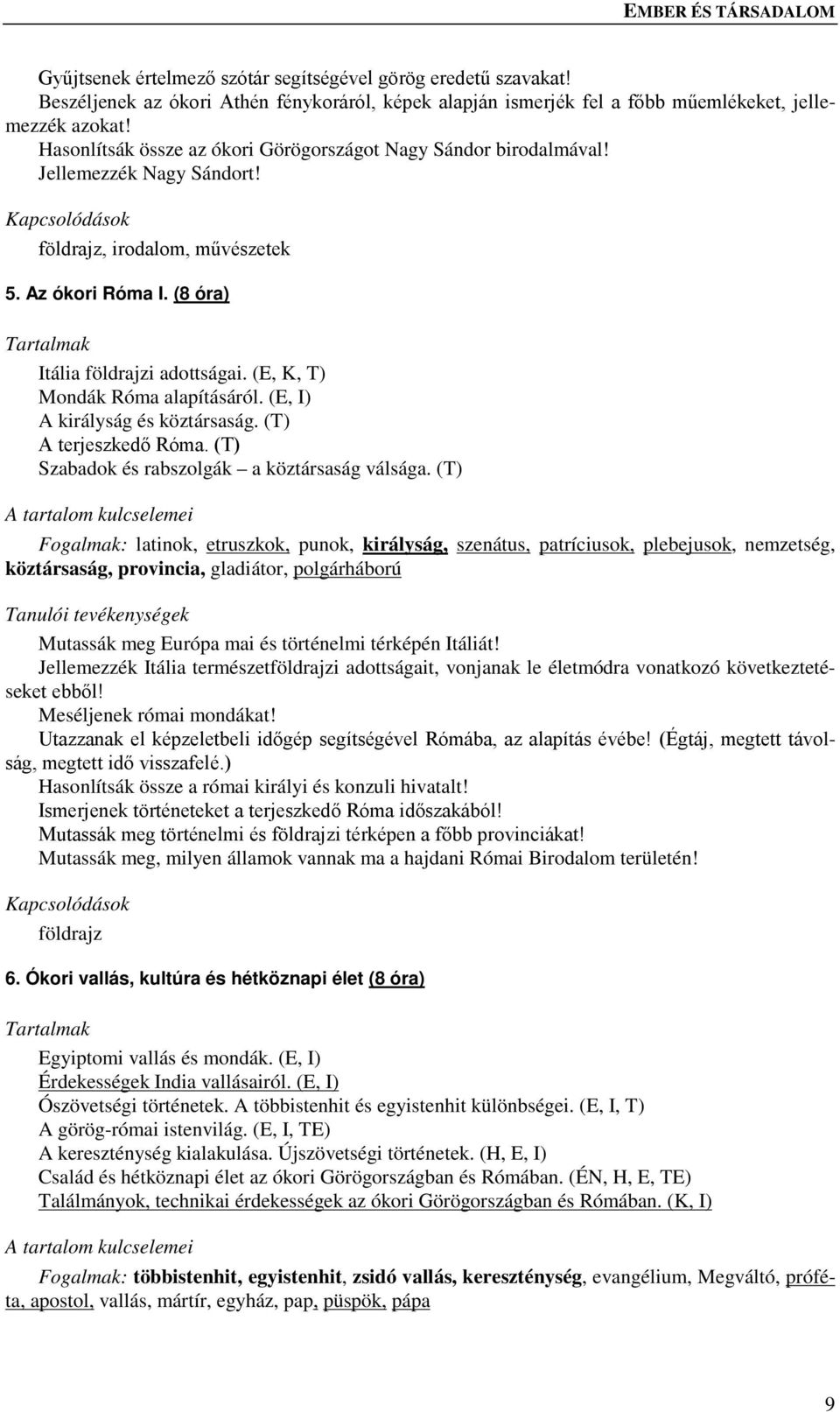 (E, K, T) Mondák Róma alapításáról. (E, I) A királyság és köztársaság. (T) A terjeszkedő Róma. (T) Szabadok és rabszolgák a köztársaság válsága.