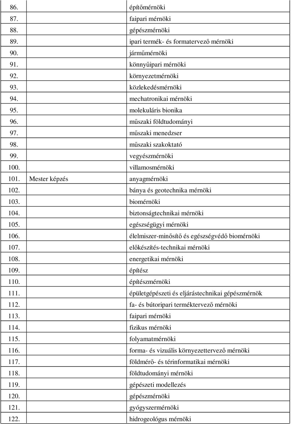 bánya és geotechnika mérnöki 103. biomérnöki 104. biztonságtechnikai mérnöki 105. egészségügyi mérnöki 106. élelmiszer-minősítő és egészségvédő biomérnöki 107. előkészítés-technikai mérnöki 108.