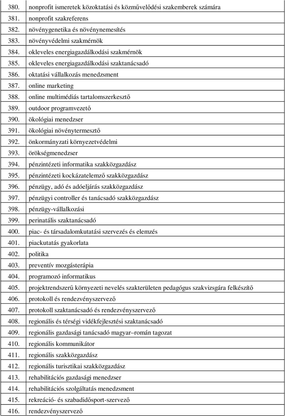 outdoor programvezető 390. ökológiai menedzser 391. ökológiai növénytermesztő 392. önkormányzati környezetvédelmi 393. örökségmenedzser 394. pénzintézeti informatika szakközgazdász 395.