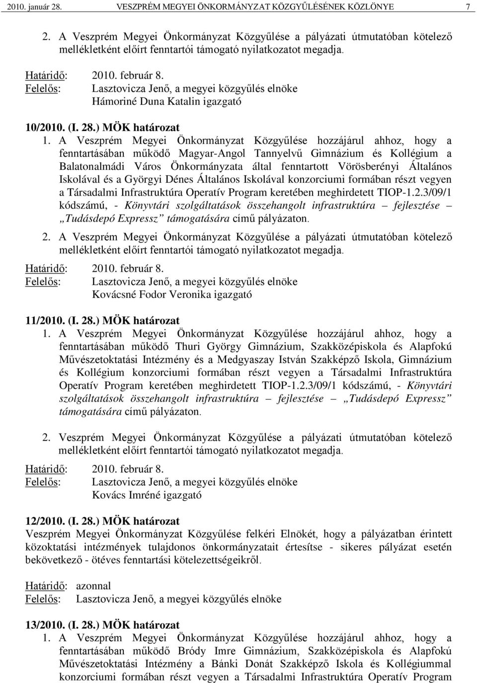 Hámoriné Duna Katalin igazgató 10/2010. (I. 28.) MÖK határozat 1.