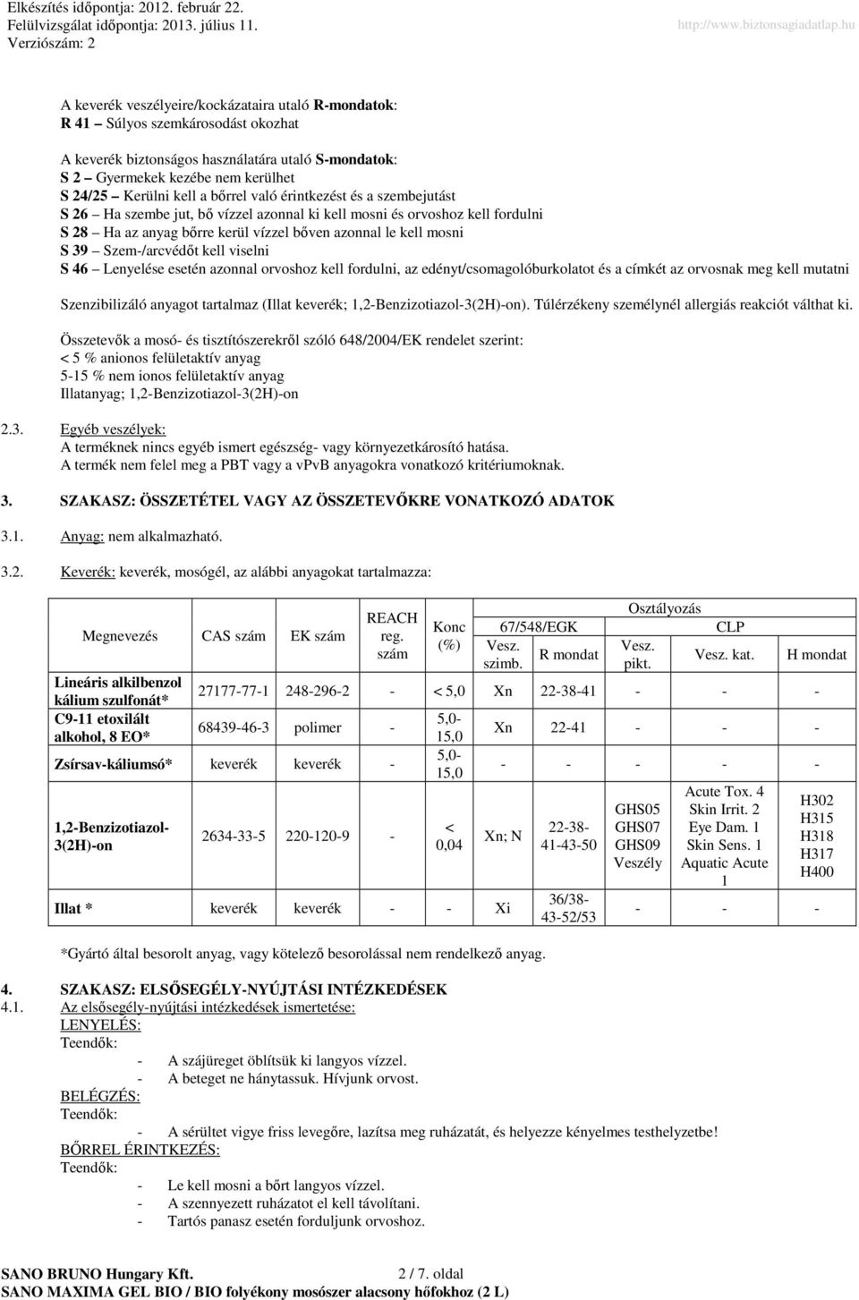 Szem-/arcvédıt kell viselni S 46 Lenyelése esetén azonnal orvoshoz kell fordulni, az edényt/csomagolóburkolatot és a címkét az orvosnak meg kell mutatni Szenzibilizáló anyagot tartalmaz (Illat