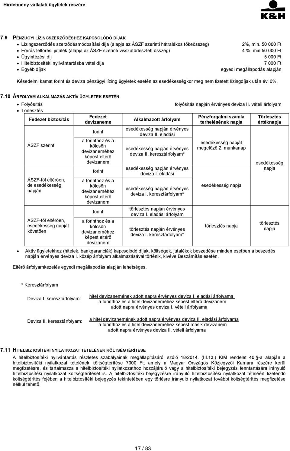 50 000 Ft 4 %, min 50 000 Ft 5 000 Ft 7 000 Ft egyedi megállapodás alapján Késedelmi kamat forint és deviza pénzügyi lízing ügyletek esetén az esedékességkor meg nem fizetett lízingdíjak után évi 6%.