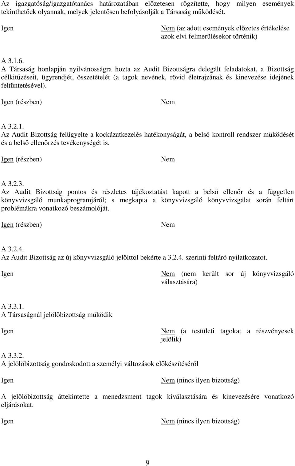 A Társaság honlapján nyilvánosságra hozta az Audit Bizottságra delegált feladatokat, a Bizottság célkitűzéseit, ügyrendjét, összetételét (a tagok nevének, rövid életrajzának és kinevezése idejének