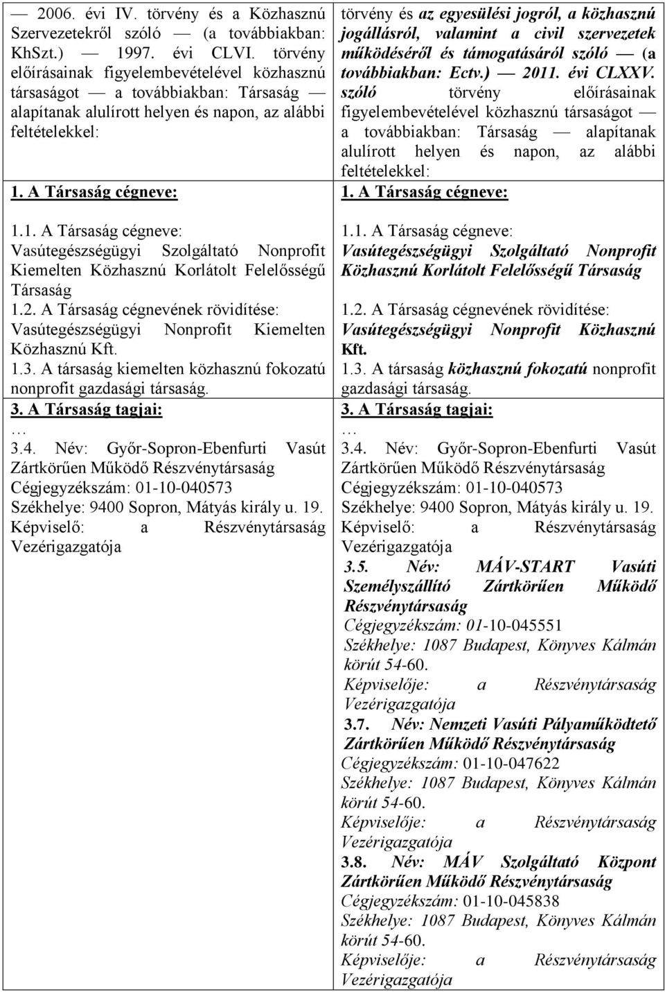 A Társaság cégneve: 1.1. A Társaság cégneve: Vasútegészségügyi Szolgáltató Nonprofit Kiemelten Közhasznú Korlátolt Felelősségű Társaság 1.2.