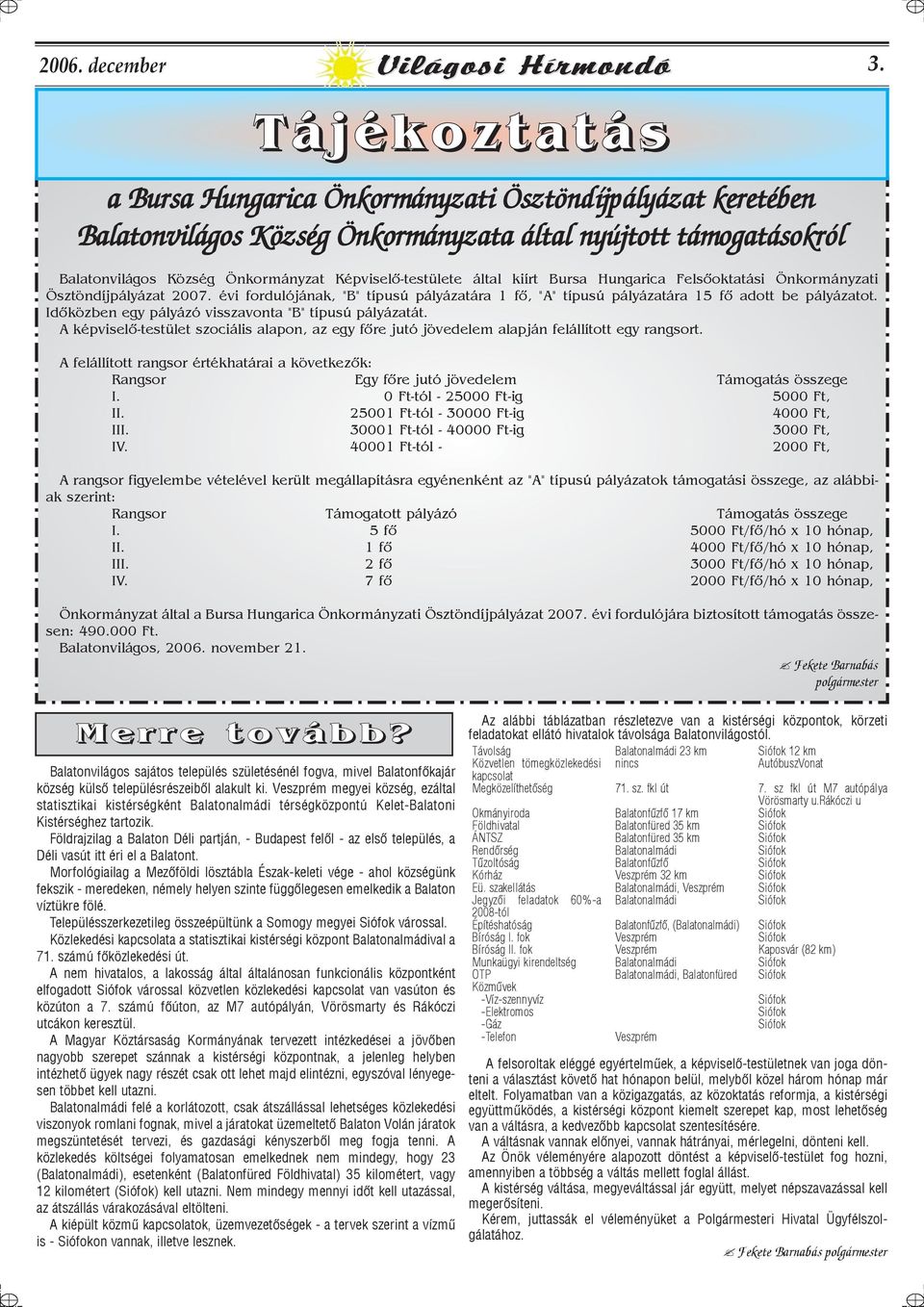 Képviselõ-testülete által kiírt Bursa Hungarica Felsõoktatási Önkormányzati Ösztöndíjpályázat 2007. évi fordulójának, "B" típusú pályázatára 1 fõ, "A" típusú pályázatára 15 fõ adott be pályázatot.
