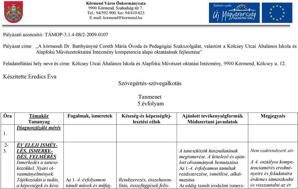 hely neve és címe: Kölcsey Utcai Általános Iskola és Alapfokú Művészet-oktatási Intézmény, 9900 Körmend, Kölcsey u. 12. Készítette:Eredics Éva Szövegértés-szövegalkotás Tanmenet 5.évfolyam Óra 1.