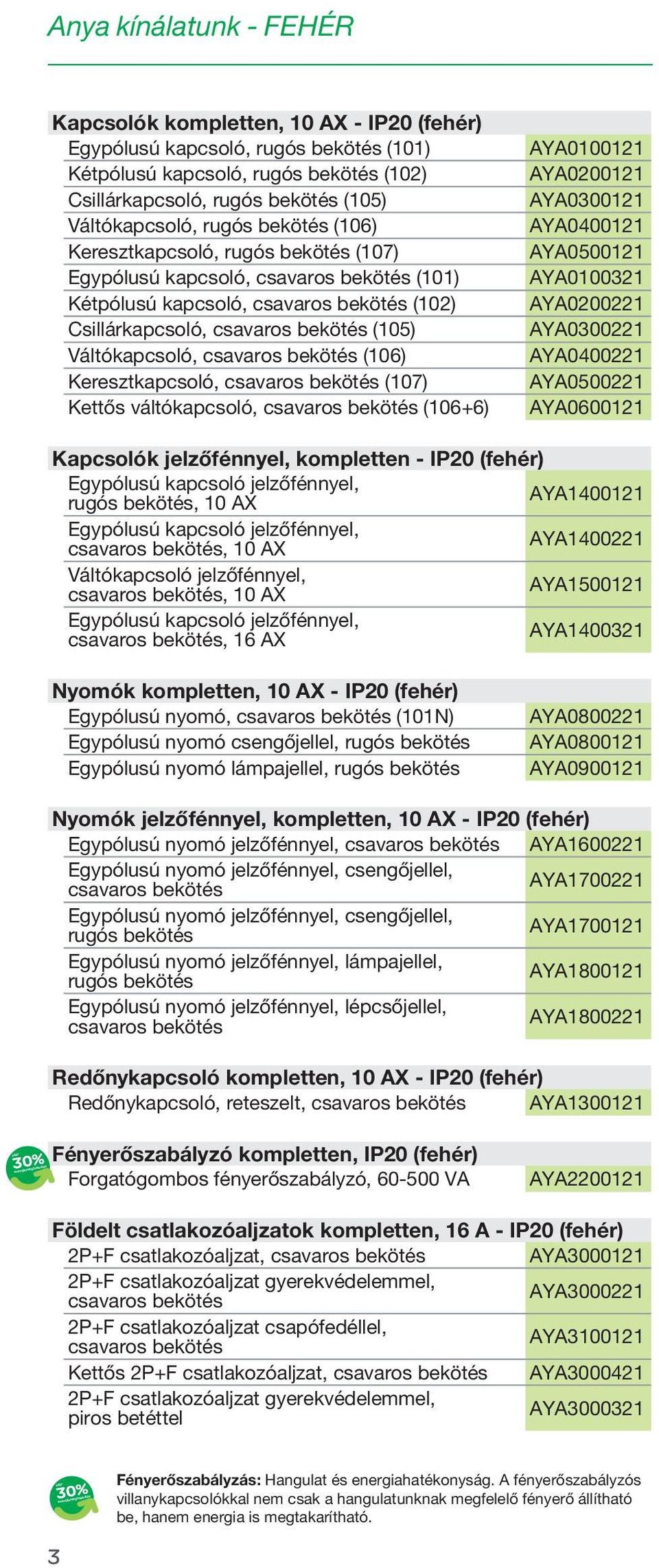 váltókapcsoló, (106+6) AYA0100121 AYA0200121 AYA0300121 AYA0400121 AYA0500121 AYA0100321 AYA0200221 AYA0300221 AYA0400221 AYA0500221 AYA0600121 Kapcsolók jelzőfénnyel, kompletten - IP20 (fehér) rugós