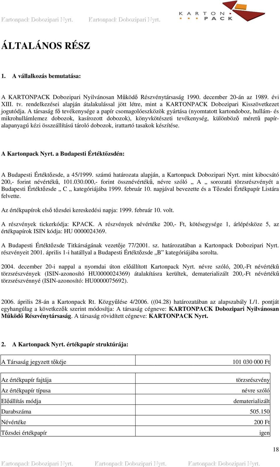 A társaság fı tevékenysége a papír csomagolóeszközök gyártása (nyomtatott kartondoboz, hullám- és mikrohullámlemez dobozok, kasírozott dobozok), könyvkötészeti tevékenység, különbözı mérető