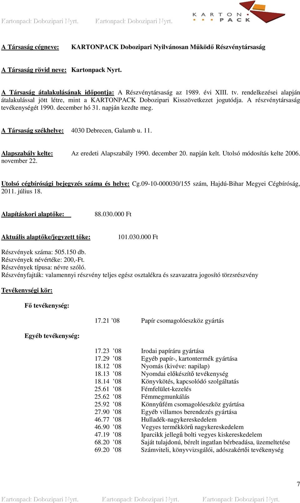 A Társaság székhelye: 4030 Debrecen, Galamb u. 11. Alapszabály kelte: Az eredeti Alapszabály 1990. december 20. napján kelt. Utolsó módosítás kelte 2006. november 22.