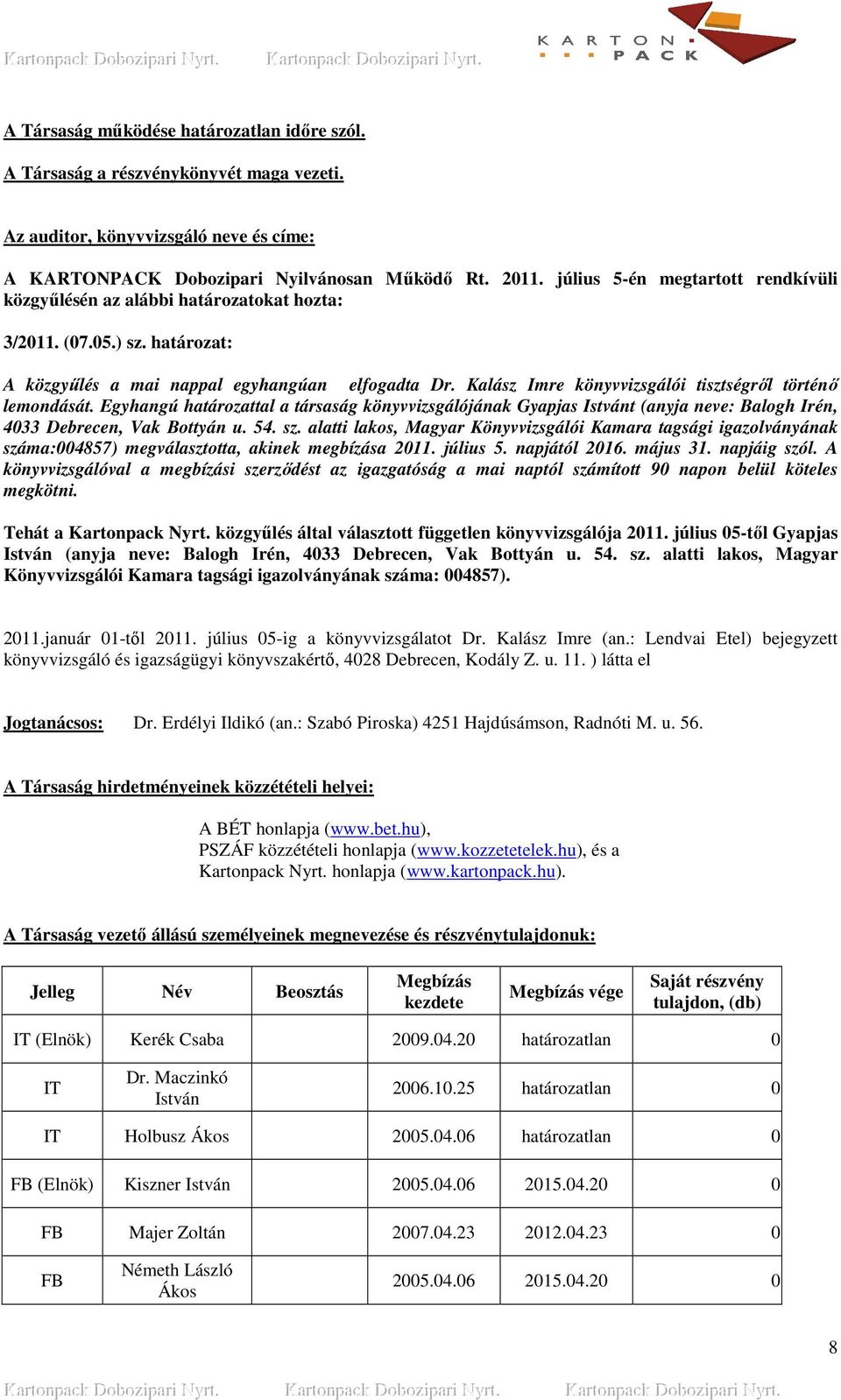 Kalász Imre könyvvizsgálói tisztségrıl történı lemondását. Egyhangú határozattal a társaság könyvvizsgálójának Gyapjas Istvánt (anyja neve: Balogh Irén, 4033 Debrecen, Vak Bottyán u. 54. sz.