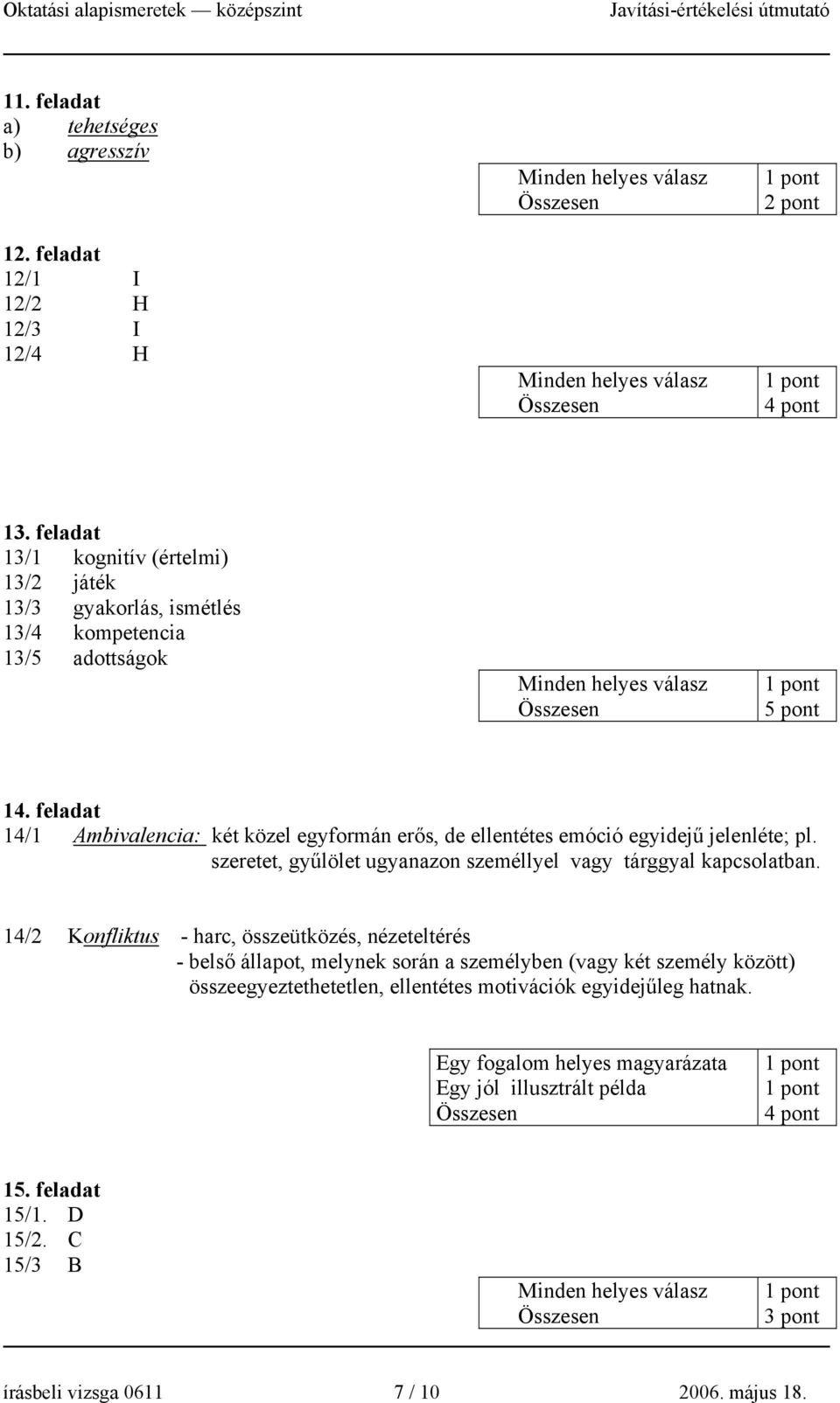 feladat 14/1 Ambivalencia: két közel egyformán erős, de ellentétes emóció egyidejű jelenléte; pl. szeretet, gyűlölet ugyanazon személlyel vagy tárggyal kapcsolatban.