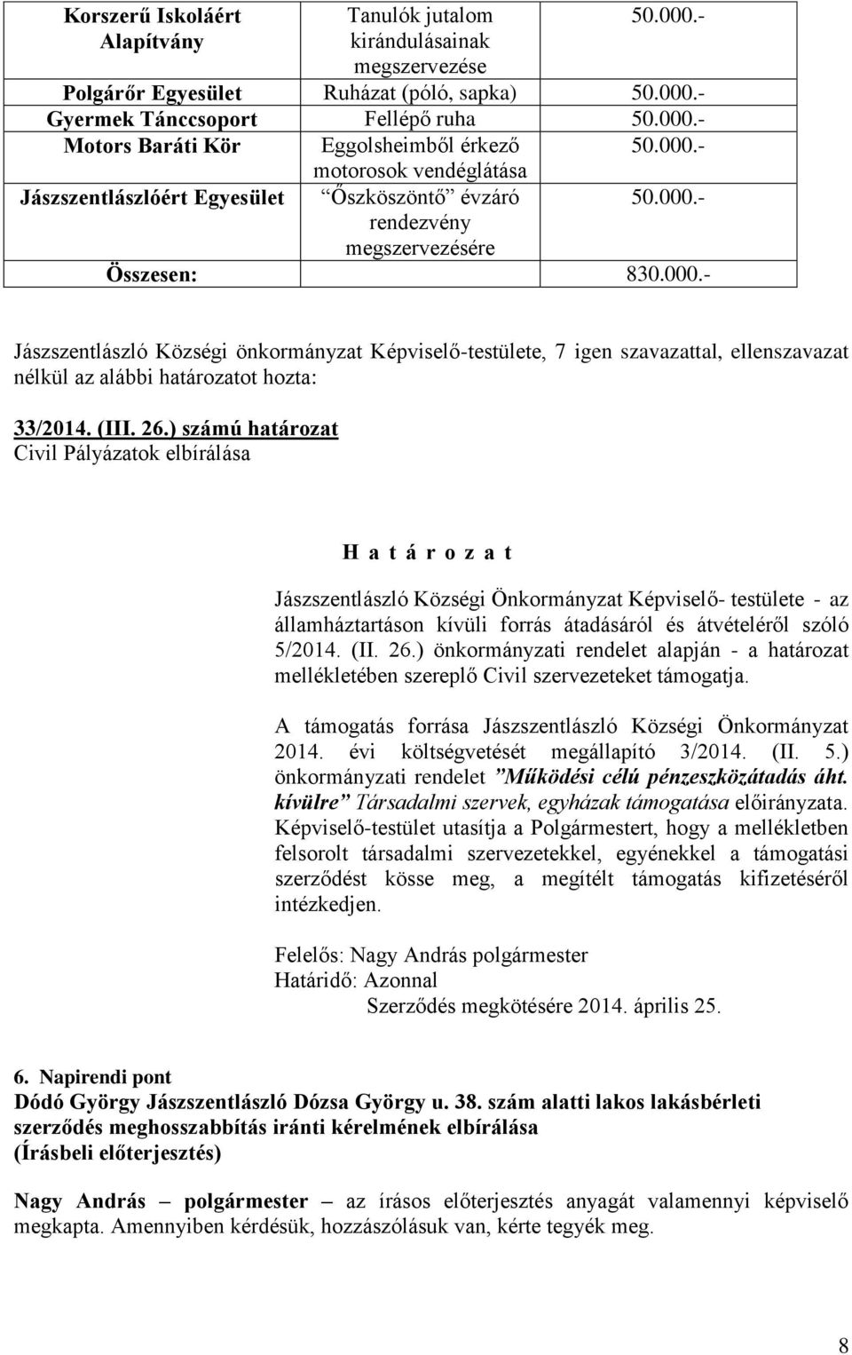 - Jászszentlászló Községi önkormányzat Képviselő-testülete, 7 igen szavazattal, ellenszavazat nélkül az alábbi határozatot hozta: 33/2014. (III. 26.